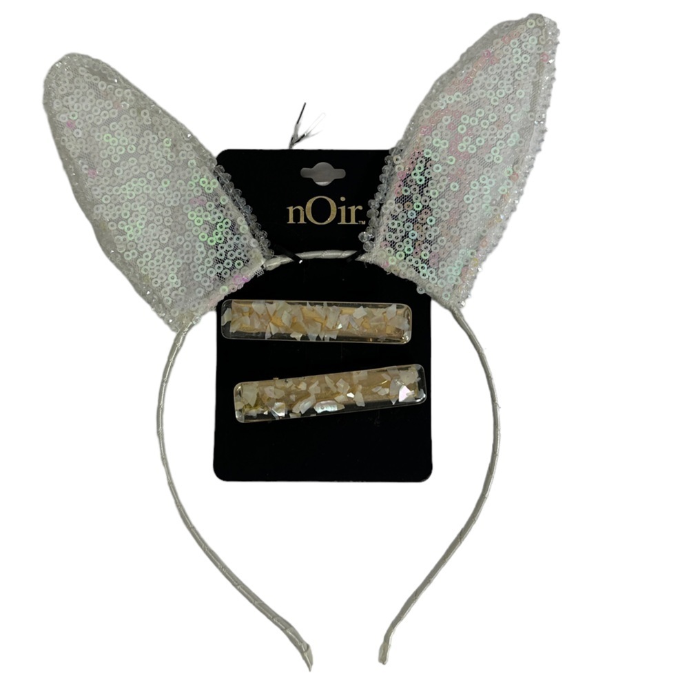NWT Noir Rabbit‎ Hear Headband White Silver Sequins Two Hair Clips Bunny Ears